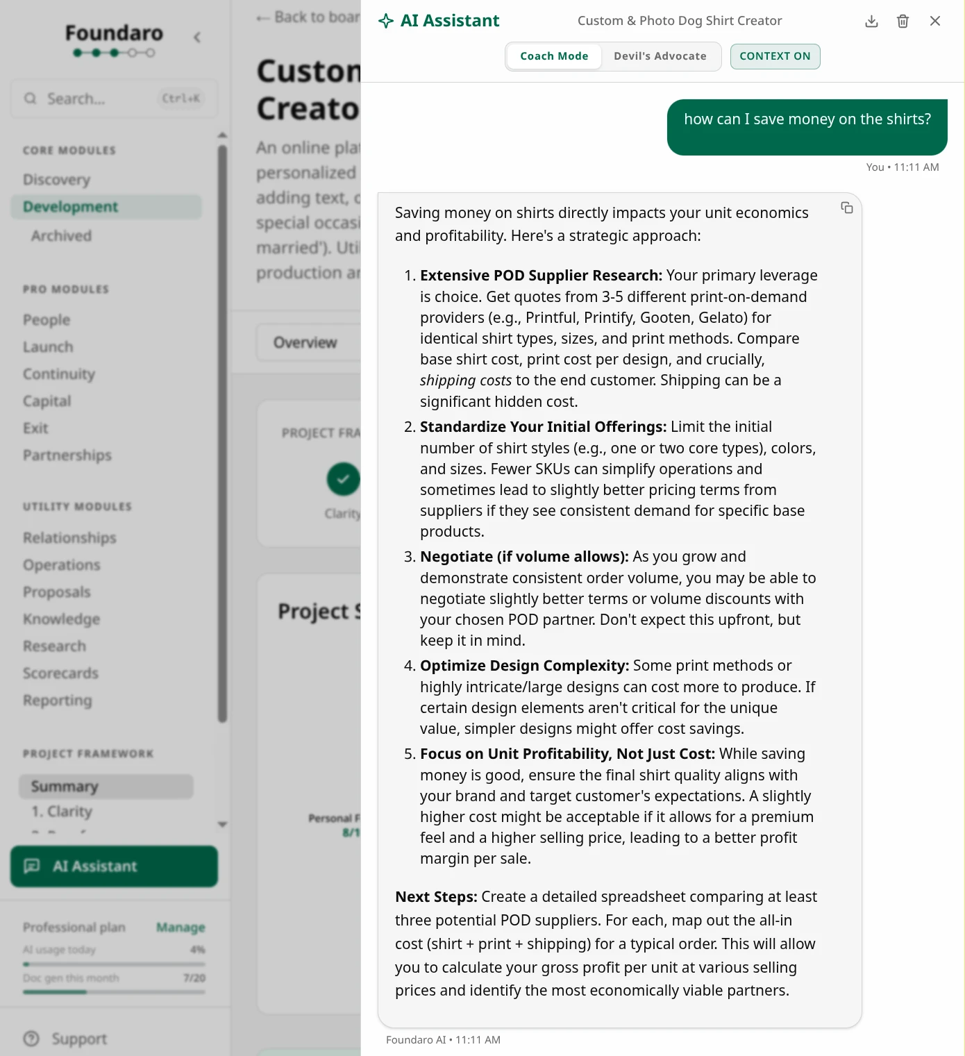 Foundaro step 2 AI guidance screen with recommendations tied to workspace context